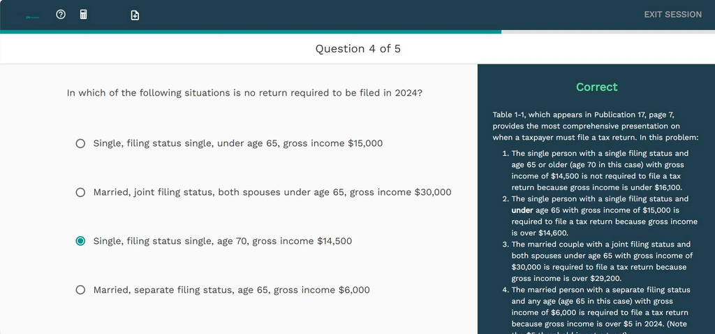 Surgent's practice question interface includes detailed answer explanations in the right sidebar and a multiple choice question on the left.