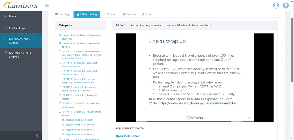 The Lambers EA review course includes a large number of videos, including text-based slides.