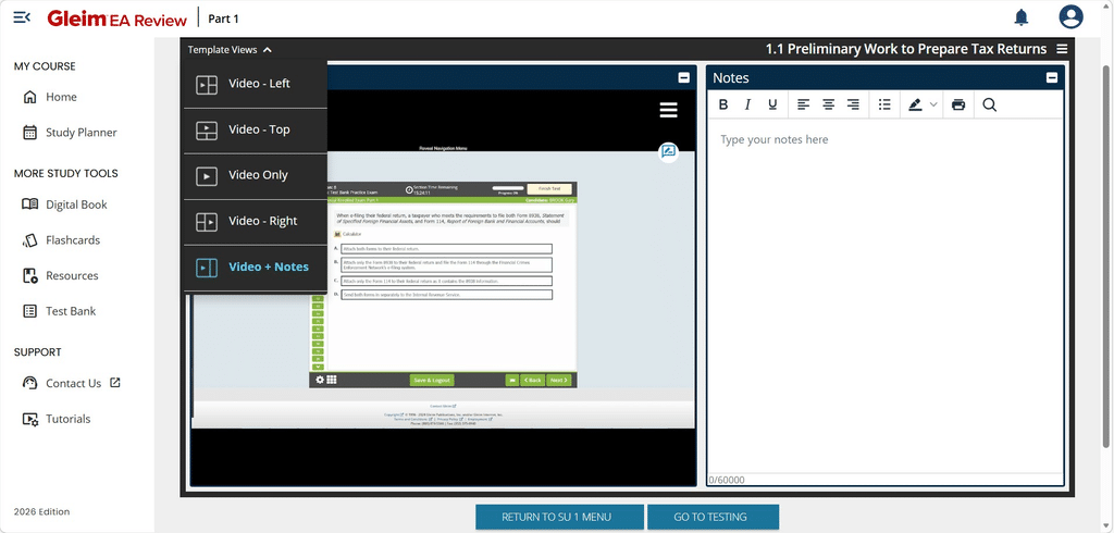 Gleim offers students the opportunity to organize the video interface by moving the video to the top, left, or right, have the video and notes beside each other, or have just the video.