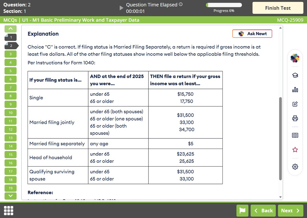 The Becker EA practice question interface includes a sidebar with tools like Newt AI, the numbered questions on the right, and questions and answer explanations in the center.