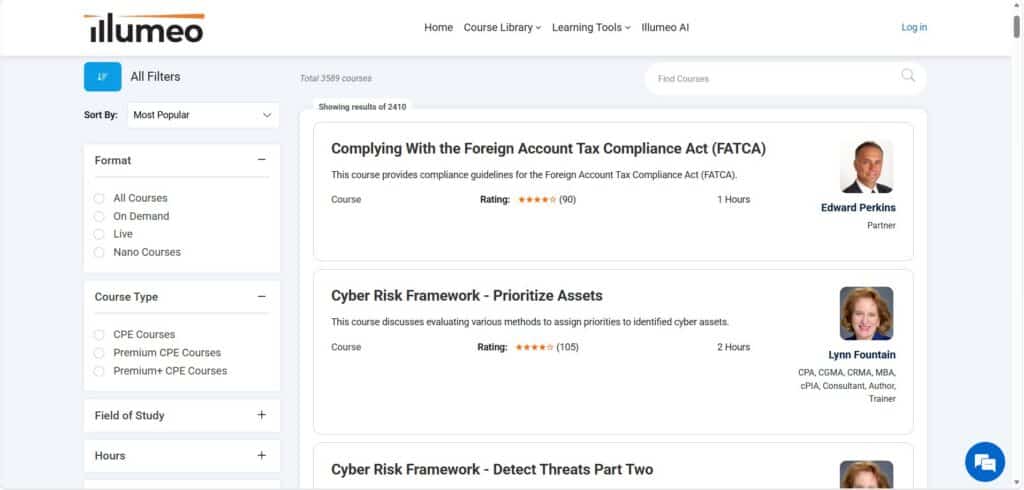 Illumeo offers over 3,500 courses, sortable by format, course type, field of study, number of hours, and CPE type.