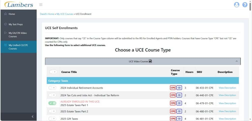Lambers offers a large number of courses for both CPAs and enrolled agents, divided by category and number of hours.
