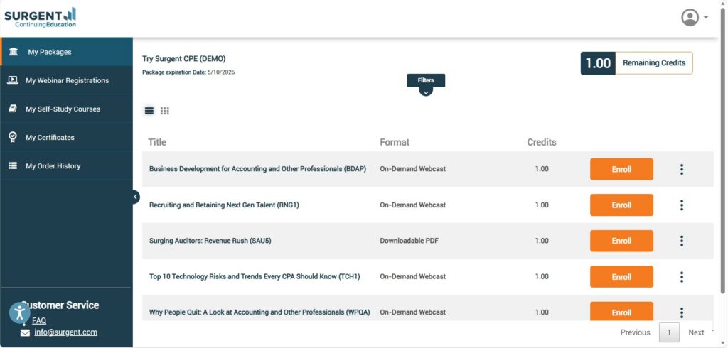 The Surgent CPE demo lets you choose from a handful of courses, so you can try it out before making a final decision.